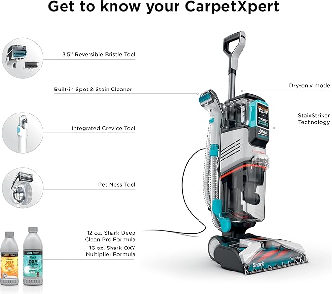 Shark CarpetXpert | Upright Carpet, Area Rug & Upholstery Cleaner | Carpet Shampooer with StainStriker Handheld Tough Stain Eliminator | Removes Tough Stains & Odors | 3 Cleaning Tools | White | EX201