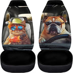 Soft Front Car Seat Covers Bulldog and Cat Full Wrapping Edge Premium Polyester Seat Covers Universal Automotive Seat Cushion Covers for Sedan,Vans,Trucks