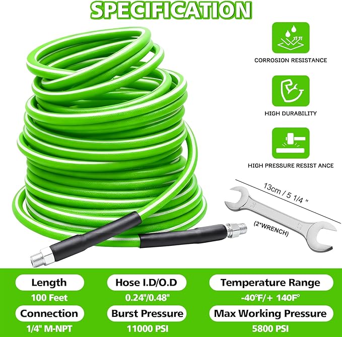 West Bay Sewer Jetter Kit 100 FT for Pressure Washer, 5800 PSI Drain Cleaner Hose 1/4 Inch NPT Corner Rotating and Button Nose Sewer Jetting Nozzle Spanner Watertight Tape Pearl Corsage Pin(Green)