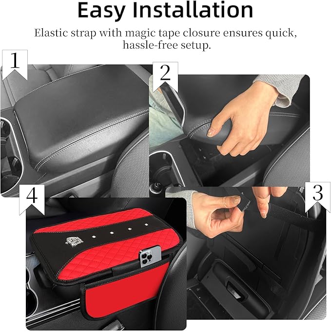 NBTEPEM Bling Crown Car Center Console Armrest Cover, Leather Middle Console Cover Cushion with 2 Storage Bags, Car Armrest Storage Box Interior Accessories for Most Vehicles(Red)