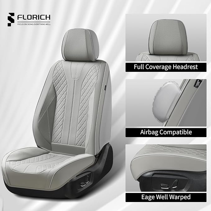 FLORICH Car Seat Covers Full Set Leather Seat Cover for Cars Full Coverage Seat Cover Waterproof Universal Seat Cover for Cars Seats Protector Cushion Universal Fit for Most Cars SUV Trucks, Gray
