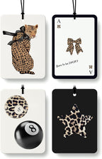 Trendy Retro Leopard Car Air Freshener 4 Pcs, Coquette Bow Cheetah Print Star Lucky 8 Ball Hanging Air Freshener for Cars Closet Drawer Books, Cute Girly Car Accessories Mirror Decor for Women