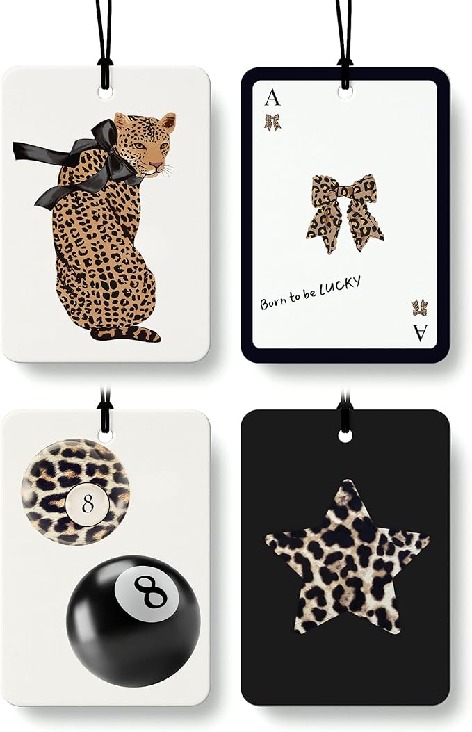Trendy Retro Leopard Car Air Freshener 4 Pcs, Coquette Bow Cheetah Print Star Lucky 8 Ball Hanging Air Freshener for Cars Closet Drawer Books, Cute Girly Car Accessories Mirror Decor for Women
