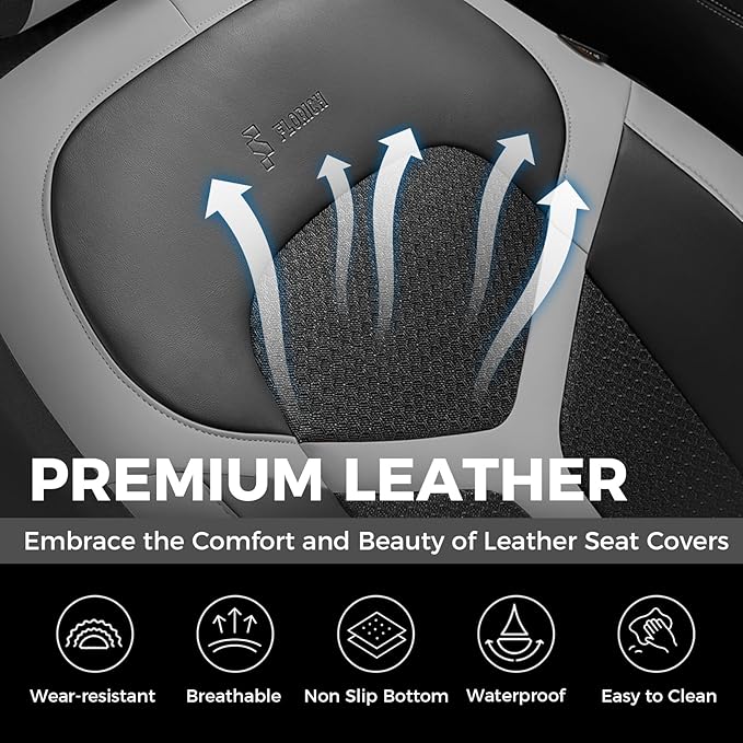 FLORICH Car Seat Covers Full Set, Universal Seat Cover 5 Seats, Automotive Seat Covers with Mesh Leather, Waterproof Car Seat Protector, Breathable Car Seat Cushion for Most Car SUV Truck, Gray