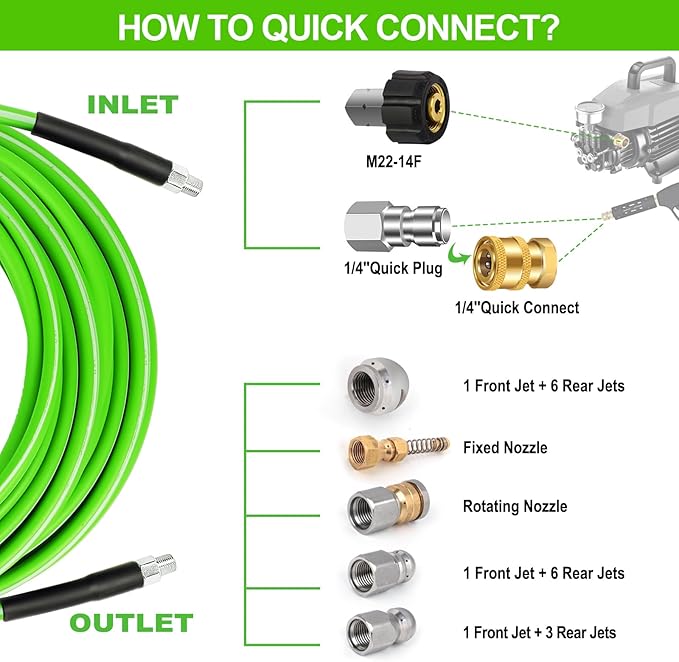West Bay Sewer Jetter Kit 100 FT for Pressure Washer, 5800 PSI Drain Cleaner Hose 1/4 Inch NPT Corner Rotating and Button Nose Sewer Jetting Nozzle Spanner Watertight Tape Pearl Corsage Pin(Green)