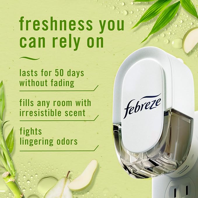 Febreze Plug In Air Freshener, Odor-Fighting Scented Oil Refill, Air Fresheners for Home and Bathroom and Kitchen, Long Lasting for Strong Odors, Light Bamboo Scent, 0.87oz Refills, 3 Count