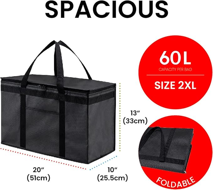 NZ home Insulated Bags for Food Delivery (2XL) Grocery Shopping Cooler Bag, Pizza Delivery, Hot & Cold Catering Tote, Reusable, Foldable & Heavy Duty (Green)