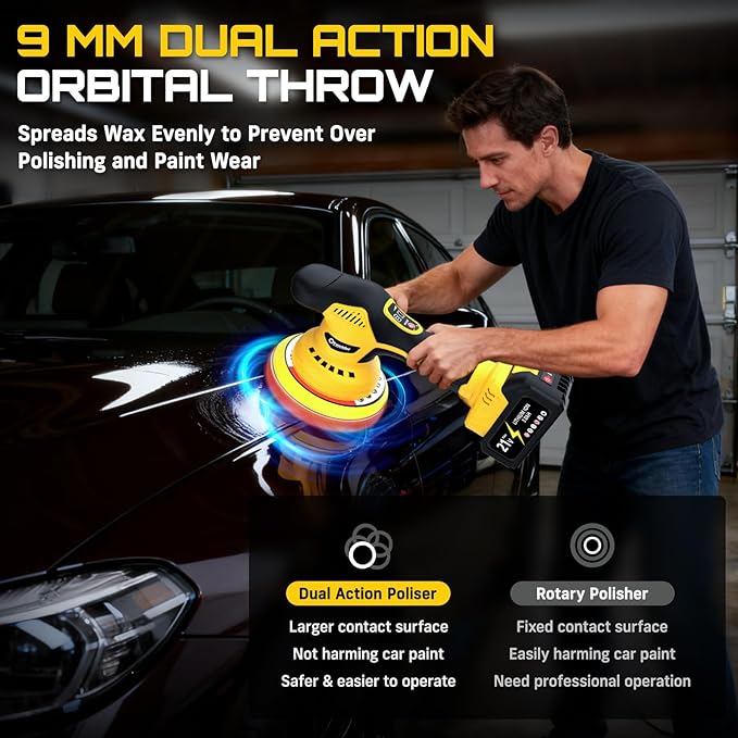 Cordless Car Buffer Polisher, 6 Inch DA Orbital Polisher kit with 2x 3.0Ah 21V Batteries, 5500 Max OPM & 8 Variable Speeds for Car Detailing, Waxing, Polishing, Scratch Removal, with 25PCS Attachments