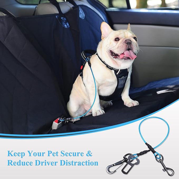 VIVAGLORY Dog Seat Belt Tuffbelt Dog Car Harness, Seatbelt with Clip & Hook for Car Travel, Chew Proof Anti Chew Unchewable Metal Safety Tether Restraint, S, Blue