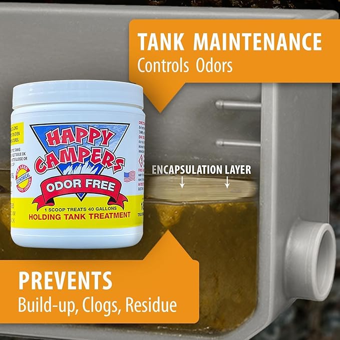 Happy Campers RV Toilet Treatment - Powerful Odor Control, Long-Lasting RV Tank Treatment - Prevents Clogs, Buildup, Sensor Failure - Keeps Holding Tank Clean & Healthy, Odor Free (18 Treatments)