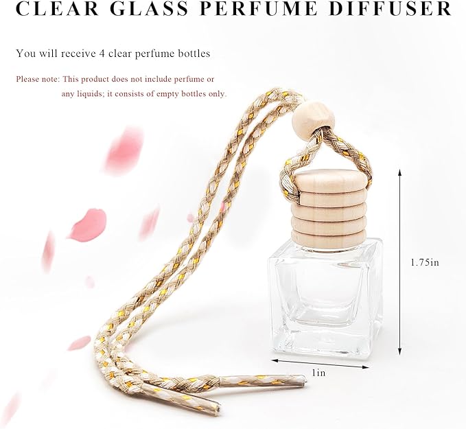4 PCS Hanging Car Air Freshener, Empty Clear Glass Bottle Pendant Essential Oil Diffuser with Wooden Cap, 8ml Refillable Aromatherapy Bottle Perfume Ornament for Most Vehicles (Square)