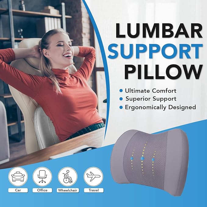 Lumbar Support Pillow for Car, Memory Foam Lumbar Pillow for Lower Back Pain Relief - Back Cushion for Driving, Chair Support for Car-Office Chair, Wheelchair - Gray
