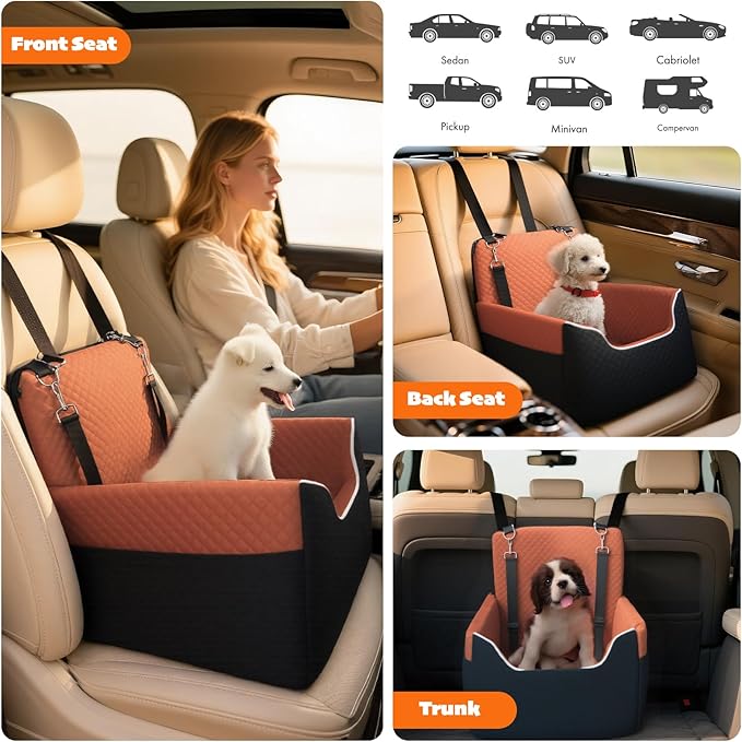 Dog Car Seat for Small/Medium Dogs Under 35lbs, Soft Booster Car Seat with Detachable Washable Cover and Cushion, Memory Foam Pet Car Seat with Safety Belt and Storage Pockets, Puppy Dog Car Bed