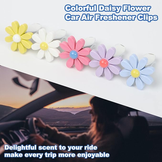 4 Pieces Daisy Flower Air Vent Clips, Cute Colorful Car Air Freshener Clip & Diffuser, Boho SUV Outlet Vent Decorations, Charm Car Inter Decor Accessories for Girls Women