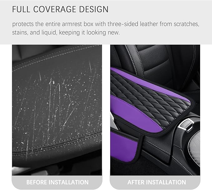 Patchwork Leather Center Console Covers for Cars,Upgraded Arm Rest Cover for Car with Side Storage Pocket for Car Seat Organizer,Middle Console Cover Stylish Car Decoration (Purple)