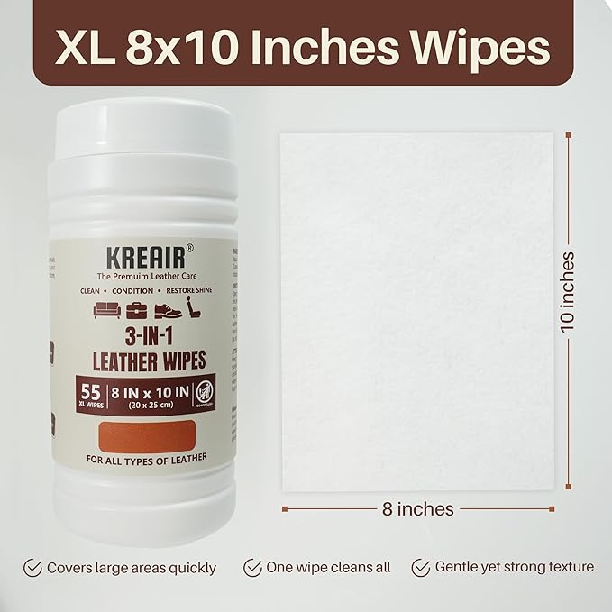 3in1 Leather Cleaning Wipes 110 Count, Clean, Condition & Restore Shine, XL 8"x10" Extra-Large Wipes for Car Seats, Shoes, Furniture & Bags, For All Types of Leather, Non-Linting, Easy-Pull Lid