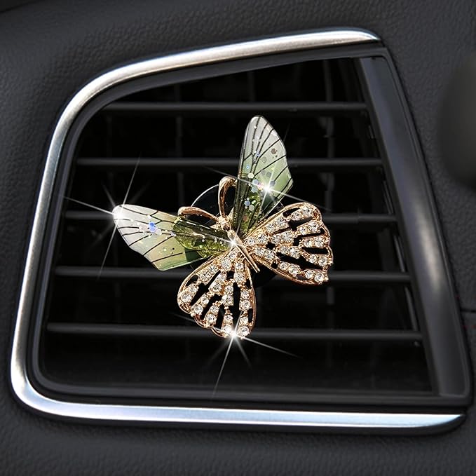 Bling Butterfly Car Vent Clips Rhinestone Decor - Cute Air Freshener & Aromatherapy Accessories for Women, Girls Dashboard Interior Decoration Set (green)