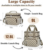 Insulated Lunch Bag for Women, Double Leakproof Lunch Box Soft Cooler Tote with 5 Pockets, 600D Oxford, EVA Lining, Adjustable Strap for Work, Picnic, Beach&Travel- Corduroy Khaki Checkered