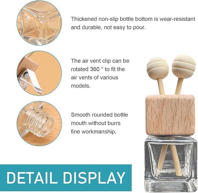 2PCS Car Diffuser Air Freshener Bottle, Auto Air Freshener Vent Clip, Refillable Empty Glass Perfume Bottle Outlet Clips, with Wooden Cap and Stick, Car Conditioning Vent Decoration