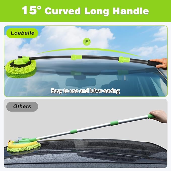Car Wash Brush Kit with 15° Curved Long Handle, Car Cleaning Kit with 2 Replaceable Car Washing Mop, Wash Sponge, Mitt, Towel, Tire Brush, Cleaning Tools for Cars RV SUV Truck (Green)