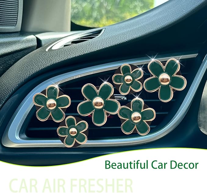 6pcs Green Daisy Flower Car Air Freshener Vent Clips,3 Sizes Sparkle Dark Green Flowers Car Vent Clips,Women Girly Car Air Freshener,Cute Flowers Car Accessories,Refillable Car Diffuser