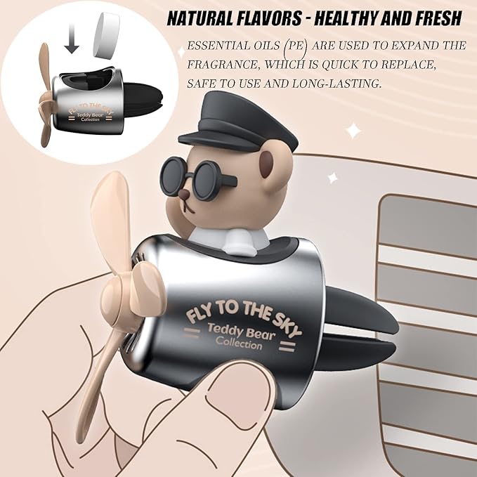Car fragrance diffuser pilot air outlet cartoon rotating fan leaf perfume cute shape freshener with 2 fragrances (Teddy) 1 Count