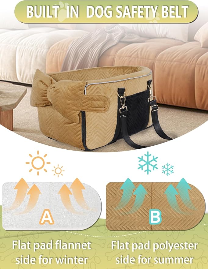 Small Dog Car Seat, Portable Dog Seat with Soft Washable Cushion,Center Console Dog Car Seat for Small Dogs Up to 13lbs(Brown)