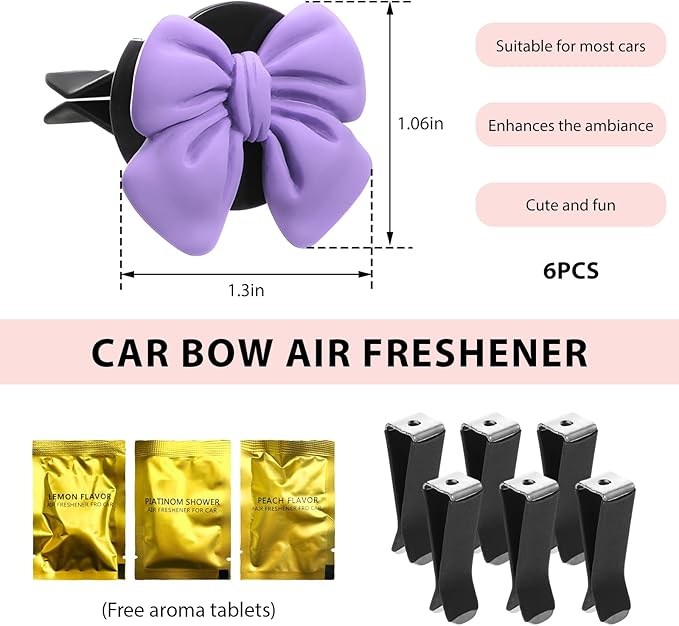 6 PCS Bow Car Air Freshener, Cute Bow Automotive Scent Air Fresheners Vent Clips, Coquette Vehicle Outlet Perfume Diffusers Interior Aesthetic Decorations for Women Girls (Purple)