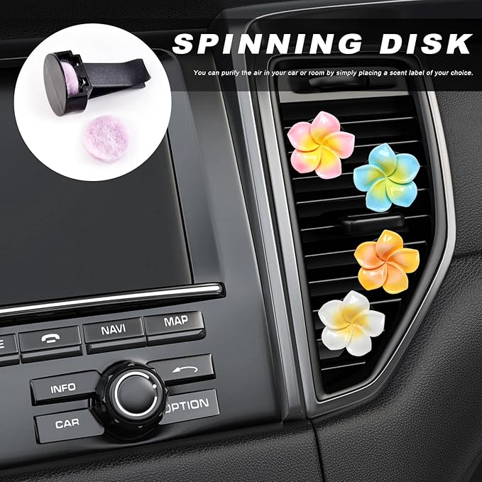 4PCS Flower Car Air Vent Clips, Cute Plumeria Automotive Air Fresheners Vents Clips Decoration, Girly Flower Auto Perfume Diffuser Decor Charm for Women (White+Pink+Orange+Blue)