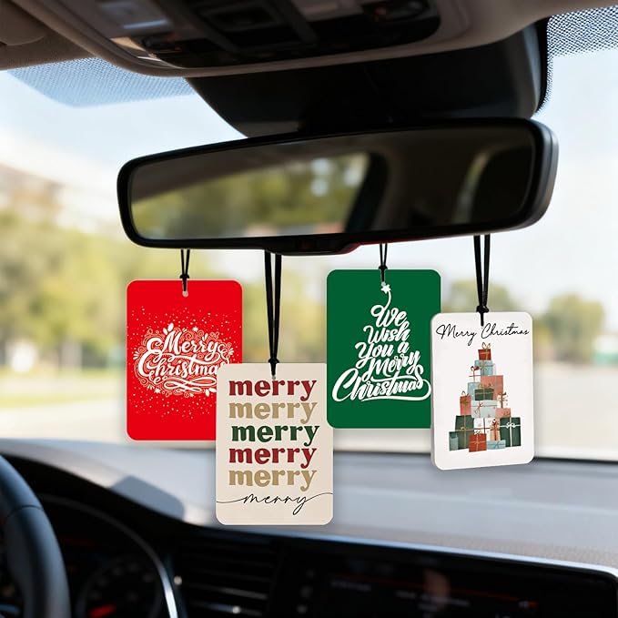Modern Christmas Car Air Fresheners 4 Pcs, Minimal Holiday Merry Christmas Tree Gift Stack Hanging Air Freshener Set, Neutral Festive Car Accessories for Women