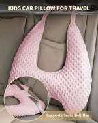 Memory Foam Kids Travel Pillow, Car Pillow for Kids, H-Shape Car Pillows for Sleeping, Removable Pillowcase, Adjustable, Velvet Dots, Pink