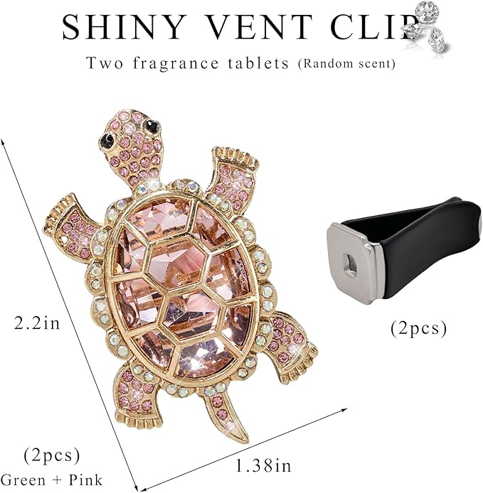 2PCS Bling Tortoise Car Air Vent Clips, Crystal Cute Turtle Air Fresheners Diffuser Vent Clip, Rhinestone Air Conditioning Outlet Clip Charm Car Interior Decor for Women Men