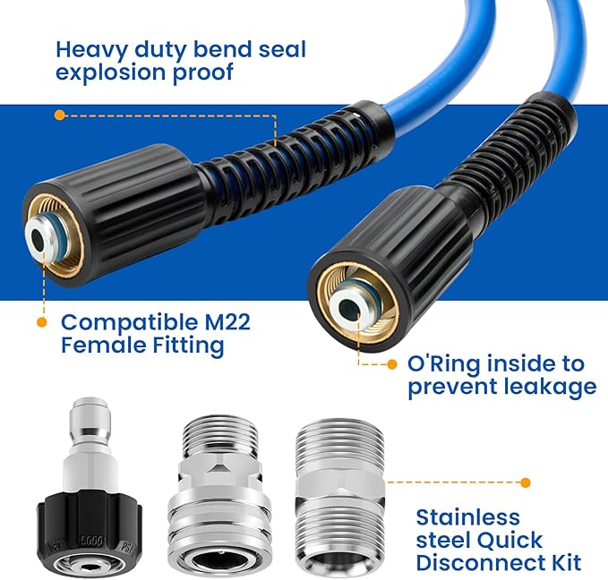 Twinkle Star Super Flexible Pressure Washer Hose 50ft, 5800 PSI Kink Resistant Power Washer Hose 1/4 in., Replacement Power Wash Hose with Stainless Steel M22 and 3/8" Quick Connection Kit