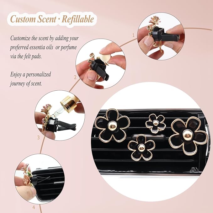 Flowers Air Vent Clips Car Air Freshener,4pcs Black Girly Daisy Flower Car Accessories for Women,Lavender Scent Decorations Refillable Clips On Air Freshener