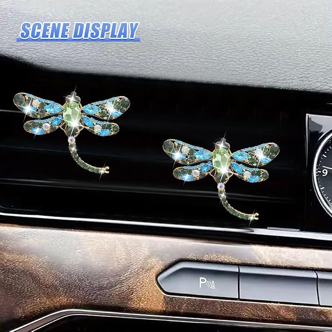 2PCS Bling Dragonfly Car Air Vent Clips, Crystal Rhinestone Car Air Conditioning Outlet Clip, Universal Cute Vehicle Interior Diffuser Decoration Accessories for Women(Green)