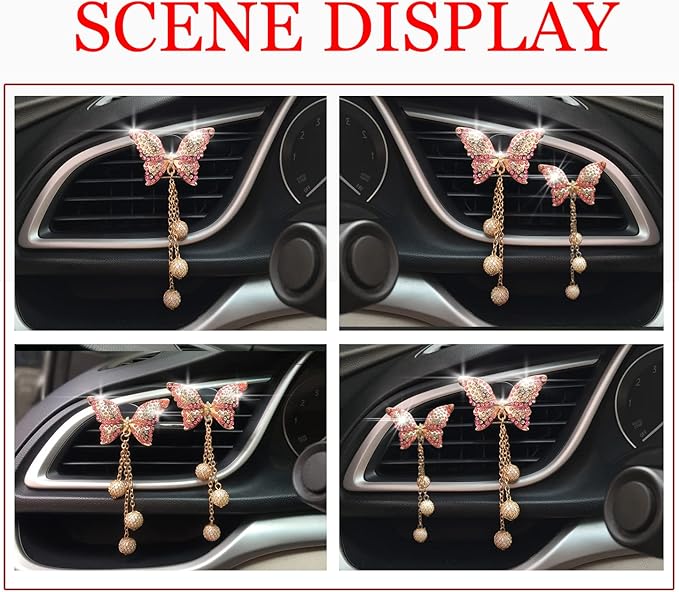 Bling Butterfly Pendant Air Vent Clips, 2 Pcs Crystal Aromatherapy Air Fresheners Outlet Clips, Car Diffuser Perfume Clip for Girls Women Girl, Car Interior Diamond Decoration Rhinestone Accessories