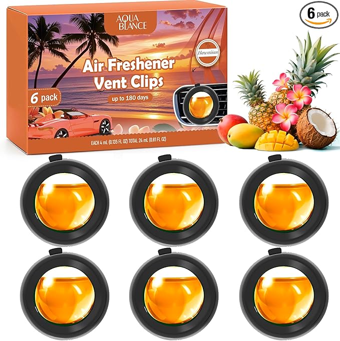 Car Air Freshener Vent Clips, Hawaiian Scent, 6 Pack, Long Lasting Scent Up to 180 Days