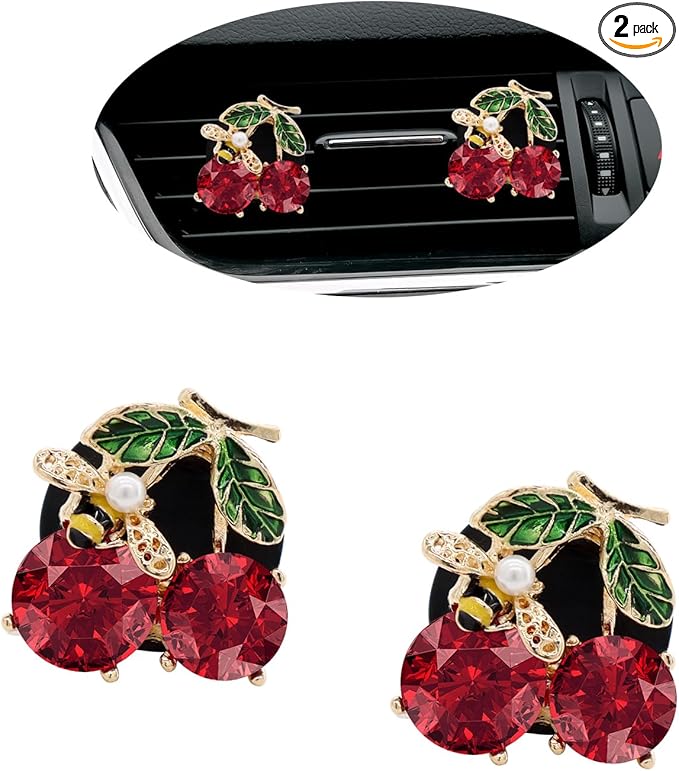 Cherry Car Decor,2pcs Bee Leaf Cherry Car Air Freshener Vent Clips,Cute Retro Sweet Themed DashBoard Decoration Accessories for Women Teens,Refillable Aroma Diffuser
