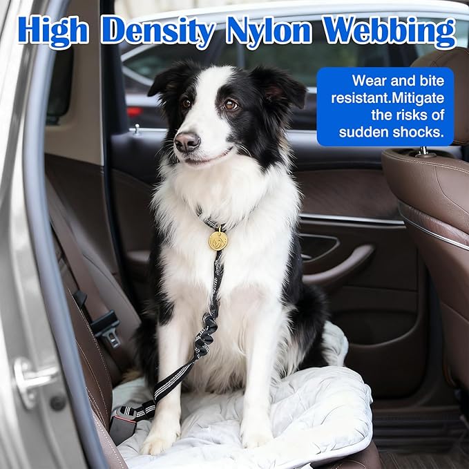 Black Adjustable Dog Car Safety Seat Belt with Elastic Cushion Leash & Anti-Tangle Metal Buckle