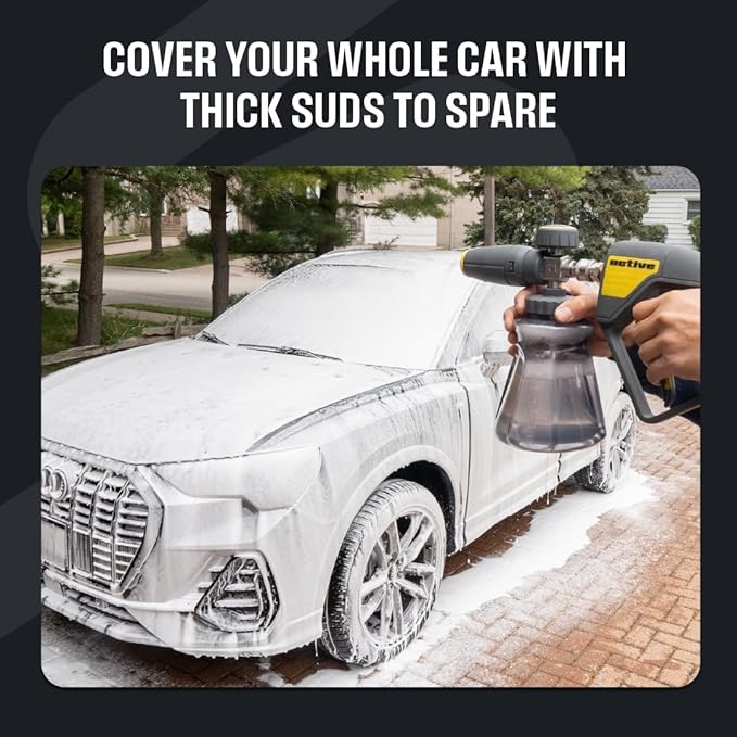 Active Foam Cannon with ¼ inch quick connector for Electric and Gas Pressure Washers. Wide-mouth bottle and variable spray to generate thick snow foam spraying for home DIY car wash & detailing.
