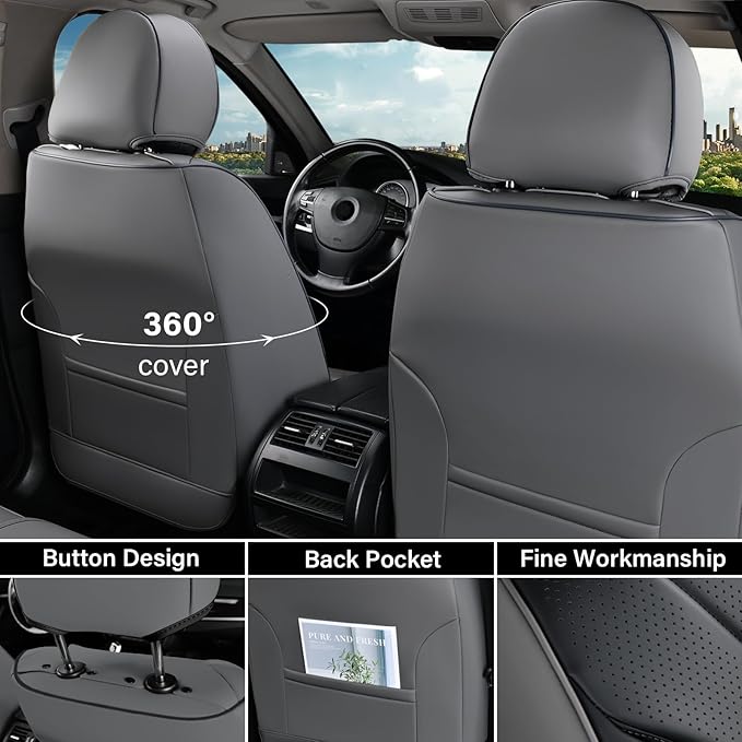 Coverado Front and Rear Seat Covers, Automotive Seat Cover Full Set, Waterproof Leather Seat Cover, Luxury Seat Cover for Cars, Universal Seat Cushion Car Seat Protector Fit for Most Cars(Gray&Black)