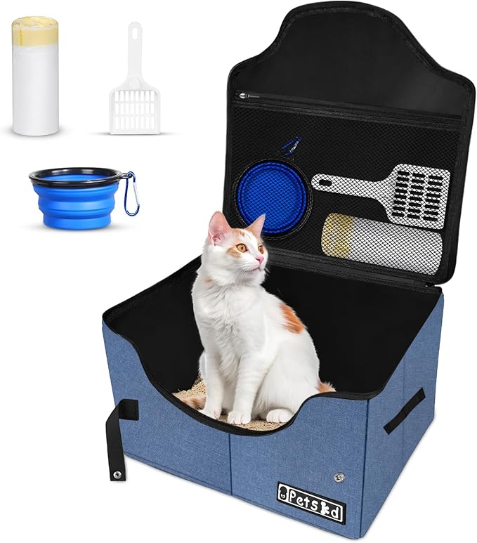 Petskd Portable Travel Litter Box for Cats with Lid and 10 pcs Liner Bags, Light Weight, Leak-Proof and Higher Sides for Road Trips, Hotel Stays, Car Travel(Blue)