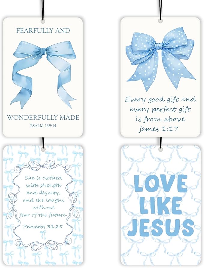 Coquette Blue Bow Christian Lavender Car Air Freshener 4 Pcs, Cute Girly Bible Verse Air Freshener Hanging Decor for Cars Closet Drawer Books