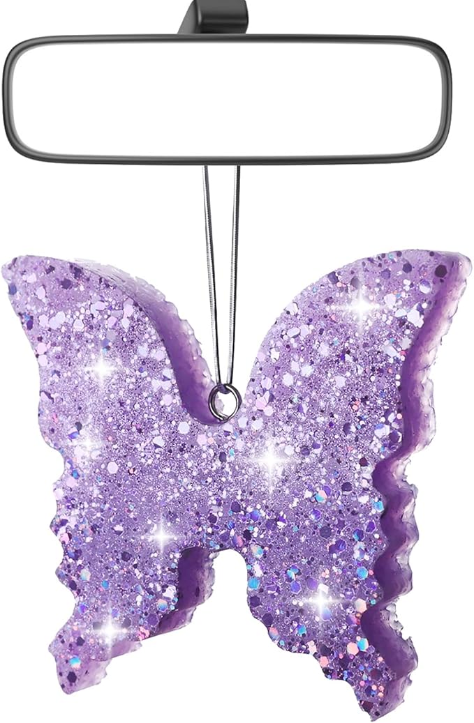 MUBYOK Handmade Car Air Freshener, Cute Christmas Gift Car Accessories for Women Girls, Glitter Hanging Air Freshie for Car Closet Bathroom Decor, Purple Butterfly