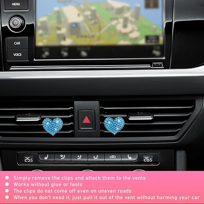 Ziciner 2PCS Bling Heart Car Air Vent Clips Charms, Heart Shaped Crystal Car Air Freshener Vent Clips, Rhinestone Air Conditioning Outlet Clip, Vehicle Decor Accessories for Women Girls (Blue)