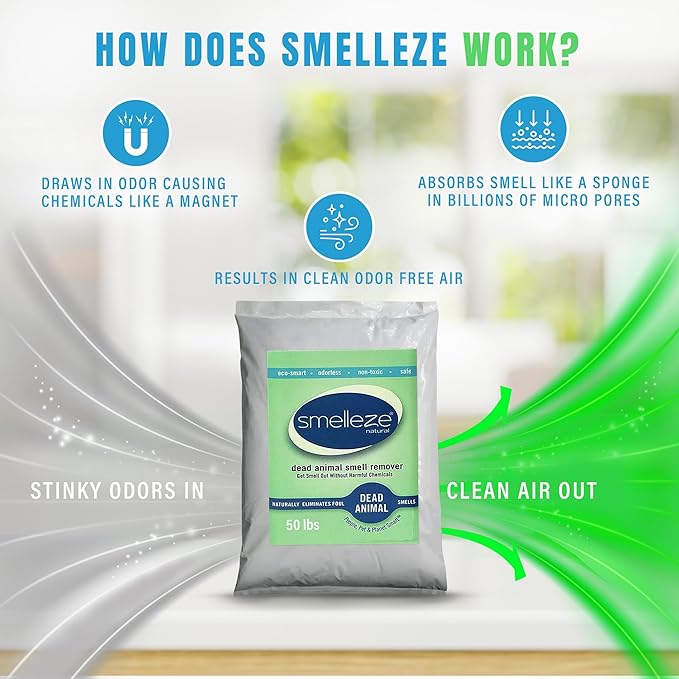 SMELLEZE Dead Animal Odor Eliminator for Strong Odor Removal - Eliminate Dead Rodent & Wildlife Smell - Safe Indoor & Outdoor Use, Natural Odor Remover, Fresh & Effective - Powder, 50 lbs.