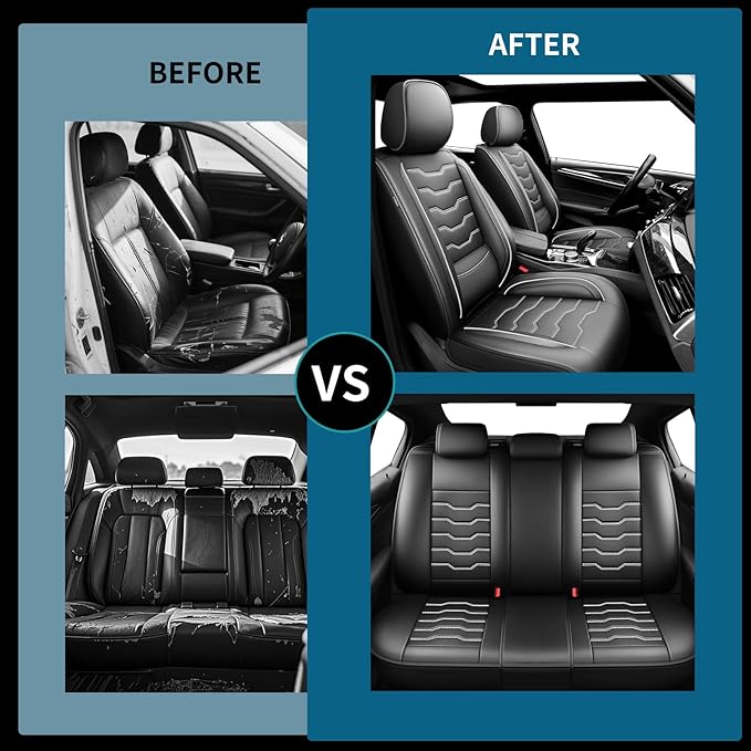 Fit Sonata Car Seat Covers Premium Leather for Hyundai Sonata 2007-2025 2026. Waterproof， Breathable, Scratch-Resistant & All-Weather Seat Cushion Protector（Front Seat,White Line Black