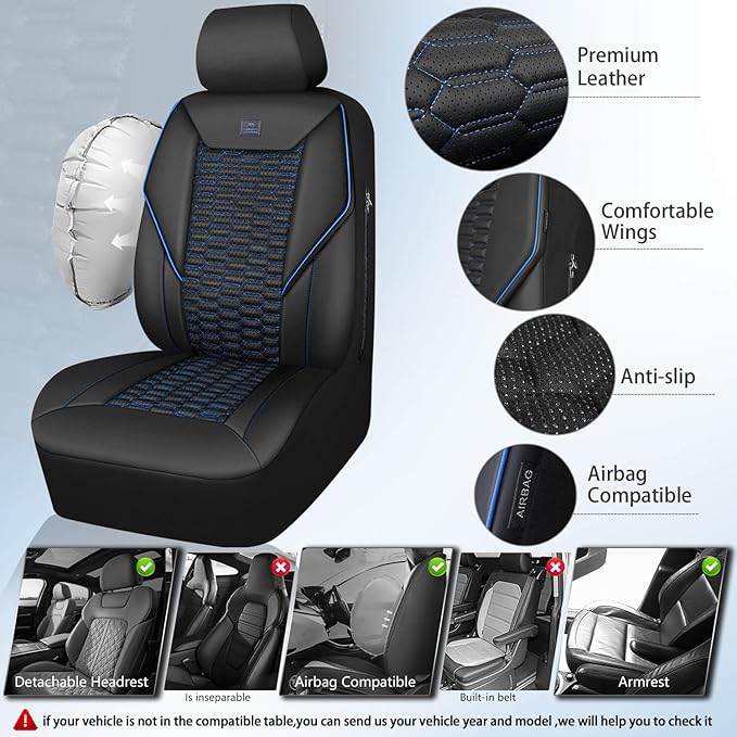 CAR PASS 3D Foam PU Leather Car Seat Covers Front Seats, Blue Faux Leather Front Seat Covers for Car, Universal Fit for SUV Truck Sedan Automotive, Armrest Airbag Compatible,Black and Blue