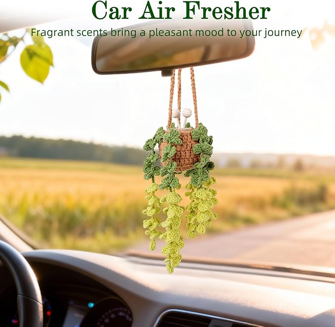 Crochet Car Air Freshener, 8ml Empty Refillable Oil Diffuser Bottle with Hanging Crochet Pink Strawberry Plant & Hanging Tools, Car Rearview Mirror Diffuser for Wall Art & Home & Office Decoration