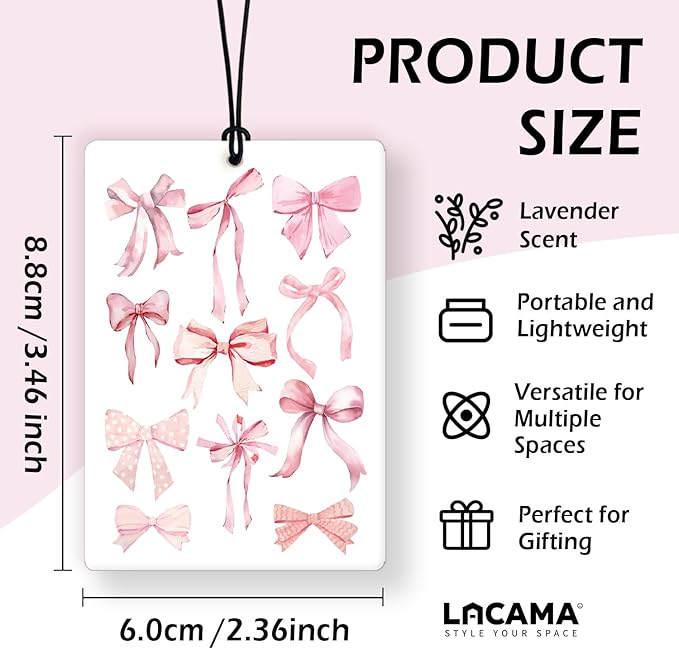 Lacama Blue and Pink Bow Car Air Freshener 3Pcs, Preppy Ribbon Bow Ace Card Cars Scents Air Freshener for Women Girls Gifts, Coquette Girly Car Accessories Interior Mirror Decor Hanging